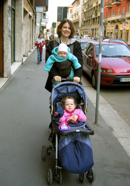 On our street in Milan with Sofia and Virginia, 2004